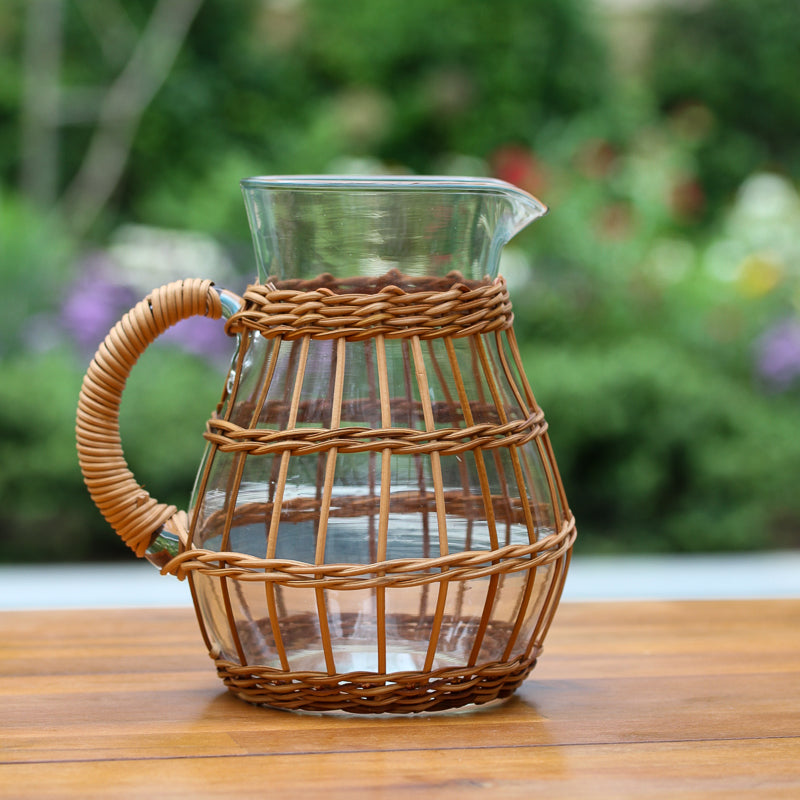 VTG Rattan Wicker Juice Pitcher Glass Set Woven Handle good 5 Pcs BOHO MCM